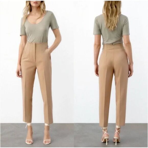 Zara High Waisted Cropped Camel Trouser Pants Women's Size XS - Picture 1 of 6